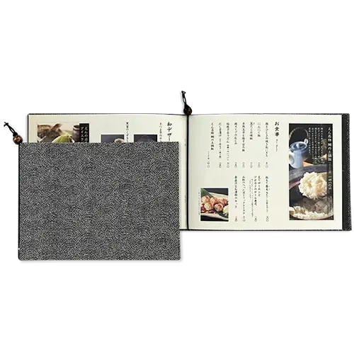 紐綴じ仕様 メニューブック No.0031 青海波柄の生地を使用した和のメニューブック